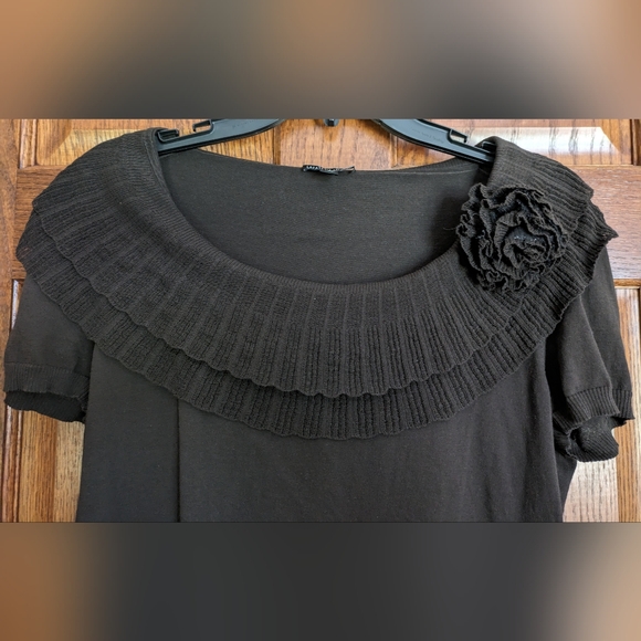 Lafayette 148 New York Dark Chocolate Ruffle Collar Short Sleeve Sweater - Picture 2 of 7